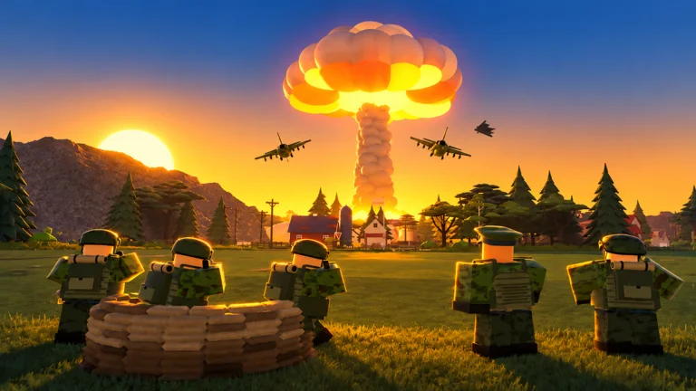 Army Commander Tycoon official artwork: Soldiers behind sandbags at sunset, with aircraft and an explosion in the distance