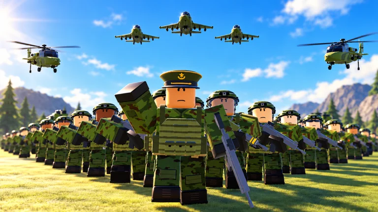 Army Commander Tycoon official artwork: A commander leading an infantry formation beneath helicopters and aircraft